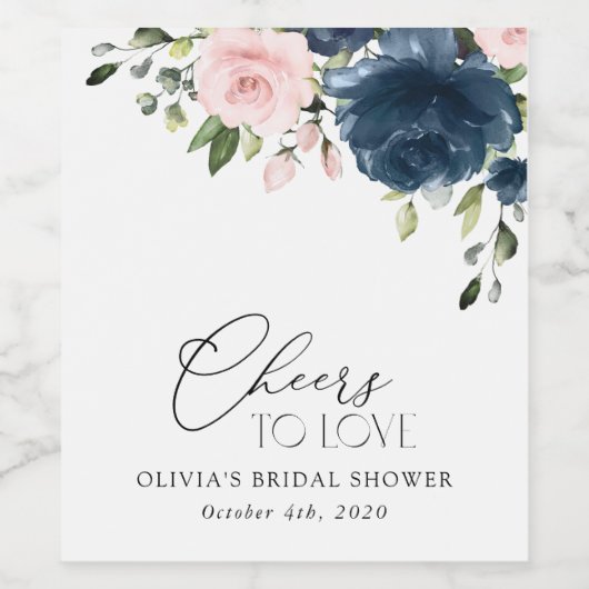 Navy Blue Flowers, Roze Flowers, Vrijgezellenfeest Wijn Etiket (Enkel label)