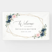 Navy Blue Flowers, Roze Flowers, Weddenschap Spandoek (Horizontaal)