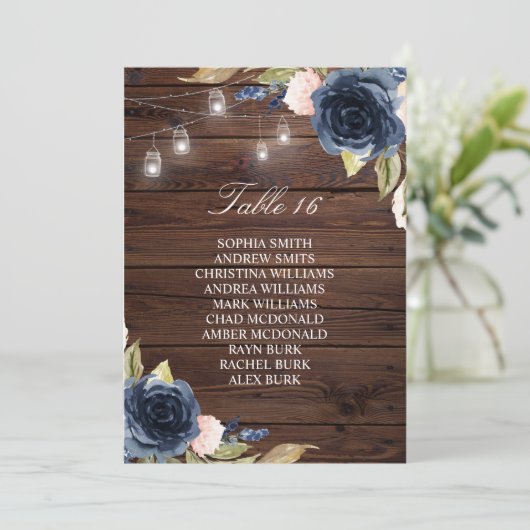 Navy Blue Flowers Rustic Seating Chart Kaart (Staand voorkant)
