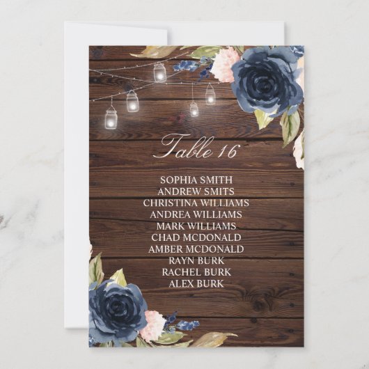 Navy Blue Flowers Rustic Seating Chart Kaart (Achterkant)