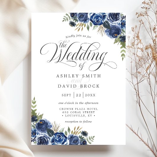 Navy Blue Flowers Waterverf Calligraphy Wedding Kaart