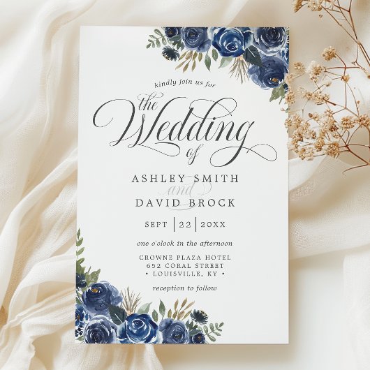 Navy Blue Flowers Waterverf Calligraphy Wedding Kaart