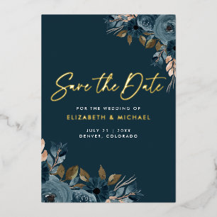 Navy Blue Flowers Weddenschap Save the Date Invita Folie Uitnodiging