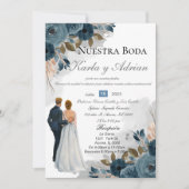 Navy blue Flowers Wedding Invitation Kaart (Voorkant)