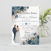 Navy blue Flowers Wedding Invitation Kaart (Staand voorkant)