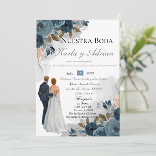 Navy blue Flowers Wedding Invitation Kaart (Staand voorkant)