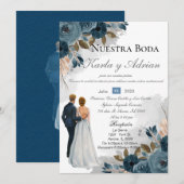 Navy blue Flowers Wedding Invitation Kaart (Voorkant / Achterkant)