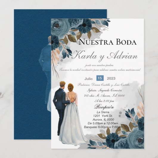Navy blue Flowers Wedding Invitation Kaart (Voorkant / Achterkant)