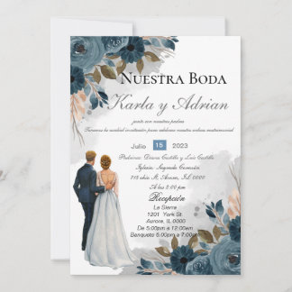 Navy blue Flowers Wedding Invitation Kaart