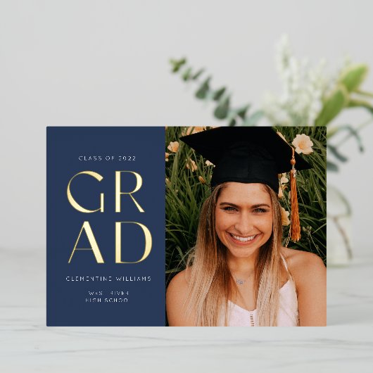 Navy Blue Folie Afstudeerder Block Afstuderen Foli Folie Uitnodiging (Staand Voorkant)