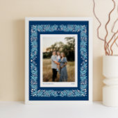 Navy Blue Folk Art Floral Lijst met aangepaste tek Poster