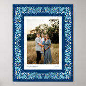 Navy Blue Folk Art Floral Lijst met aangepaste tek Poster (Voorkant)