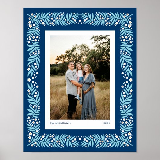 Navy Blue Folk Art Floral Lijst met aangepaste tek Poster (Voorkant)