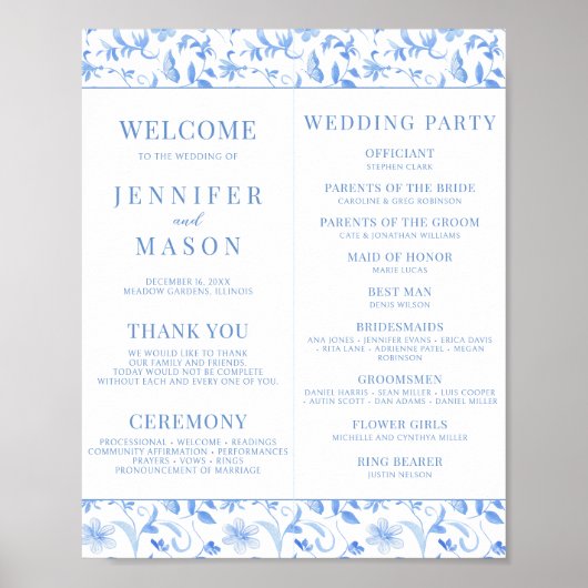 Navy Blue Folk Bloemen Trouwprogramma's Download Poster (Voorkant)