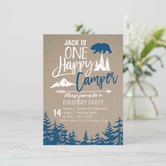 Navy Blue Forest Camping Birthday Kaart (Staand voorkant)