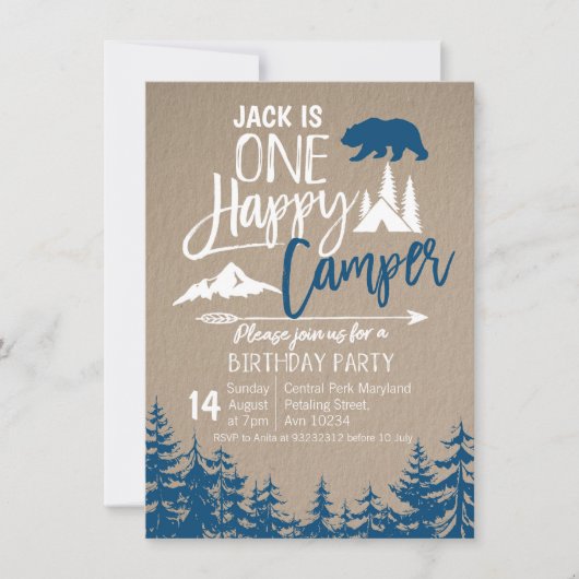 Navy Blue Forest Camping Birthday Kaart (Voorkant)