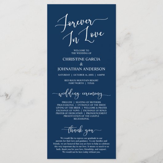 Navy Blue, Forever in Love, Wedding Ceremony Programmakaart (Voorkant)