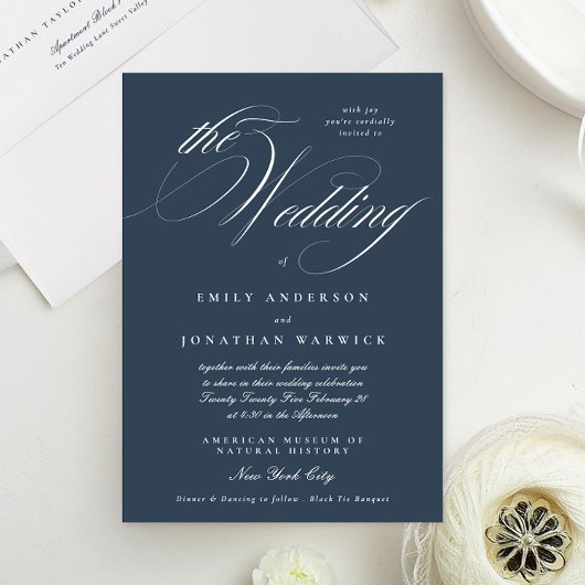 Navy Blue Formal Elegant Calligraphy The Wedding Kaart