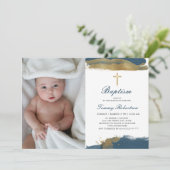 Navy Blue Foto | Baptism Boy Golden Invitation Kaart (Staand voorkant)