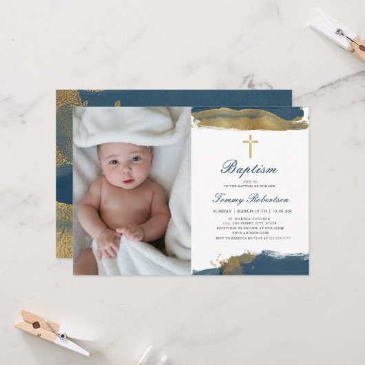 Navy Blue Foto | Baptism Boy Golden Invitation Kaart (Voorkant / Achterkant in situ)