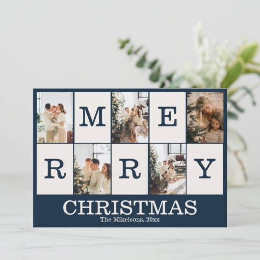 Navy Blue Foto gepersonaliseerd Vrolijk Kerstfeest Feestdagenkaart (Staand voorkant)