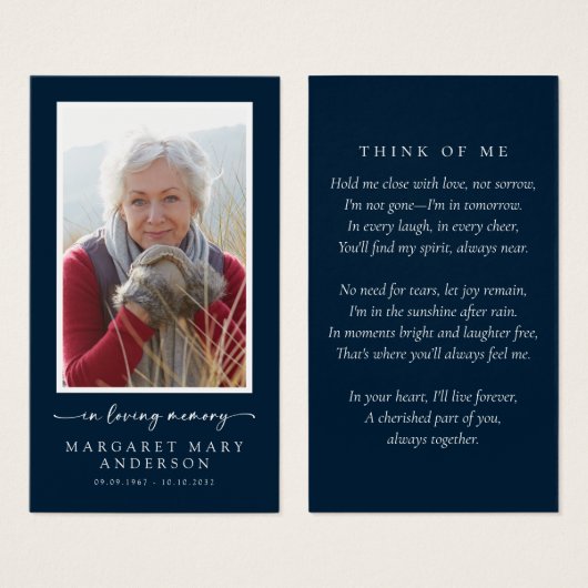 Navy Blue Foto Memorial Gebed Kaart (Voorkant /achterkant)