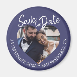 Navy Blue Foto Moderne Script Uitnodiging Trouwdat Magneet