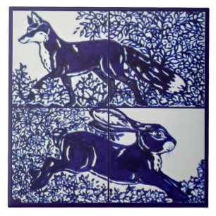 Navy Blue Fox Rabbit Woodland Floral Ceramic Mural Tegeltje