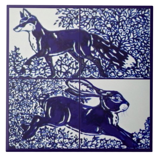 Navy Blue Fox Rabbit Woodland Floral Ceramic Mural Tegeltje (Voorkant)
