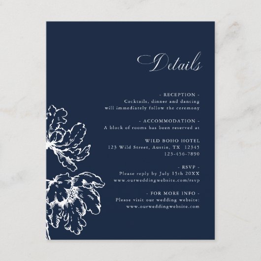 Navy Blue French Floral Wedding Details Informatiekaartje (Voorkant)