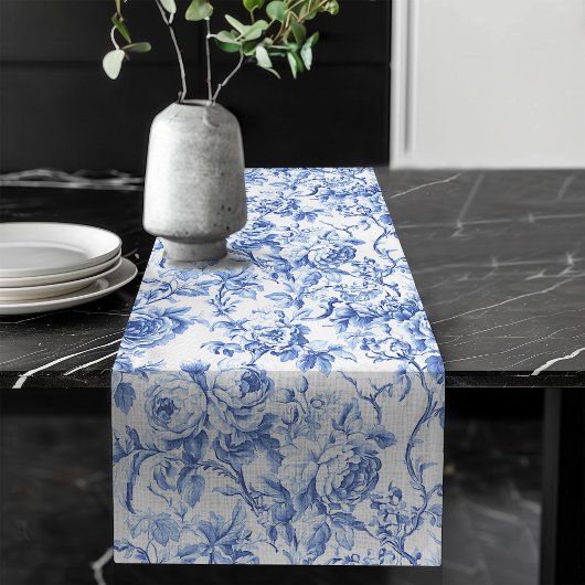 Navy Blue French Toile Roses Floral Table Runner Lange Tafelloper