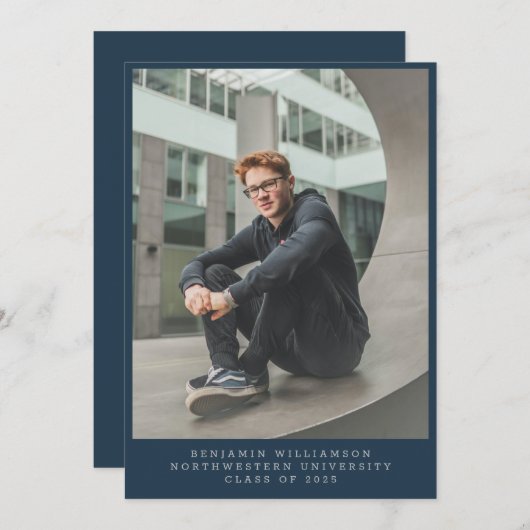 Navy Blue Full Lijst Photo College Afstuderen Aankondiging (Voorkant / Achterkant)