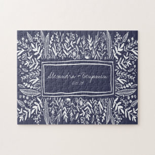 Navy Blue Garden Floral Art Border Name Wedding Legpuzzel