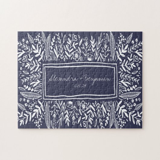 Navy Blue Garden Floral Art Border Name Wedding Legpuzzel (Horizontaal)