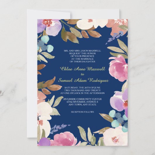 Navy Blue Garden Floral Wedding Kaart (Voorkant)