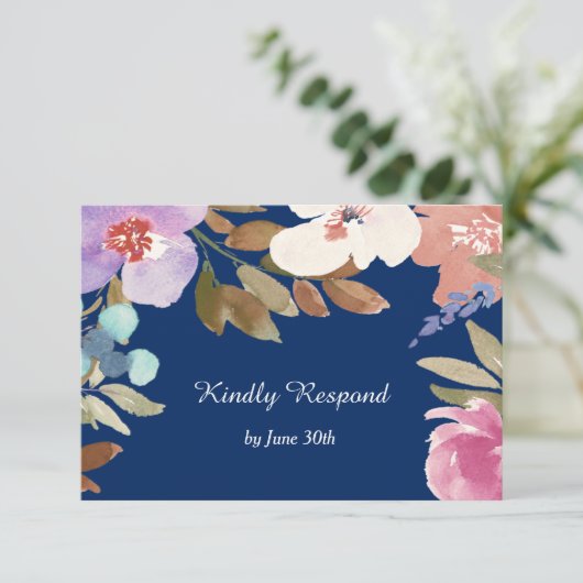 Navy Blue Garden Floral Wedding RSVP (Staand voorkant)