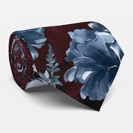 Navy Blue Garden Florals Burgundy Wedding Stropdas (Opgerold)