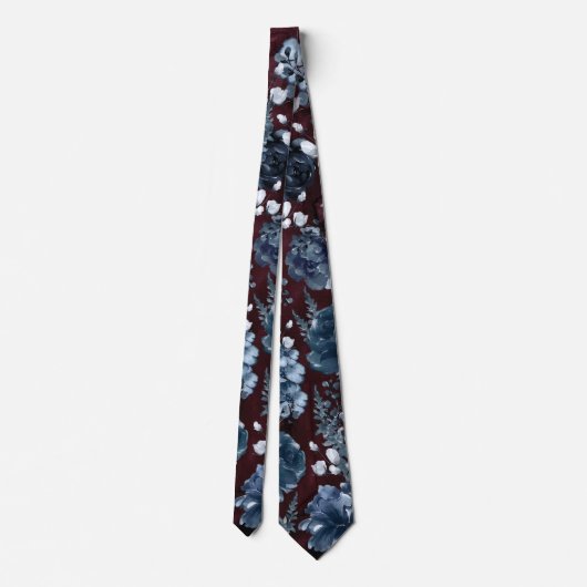 Navy Blue Garden Florals Burgundy Wedding Stropdas (Achterkant)