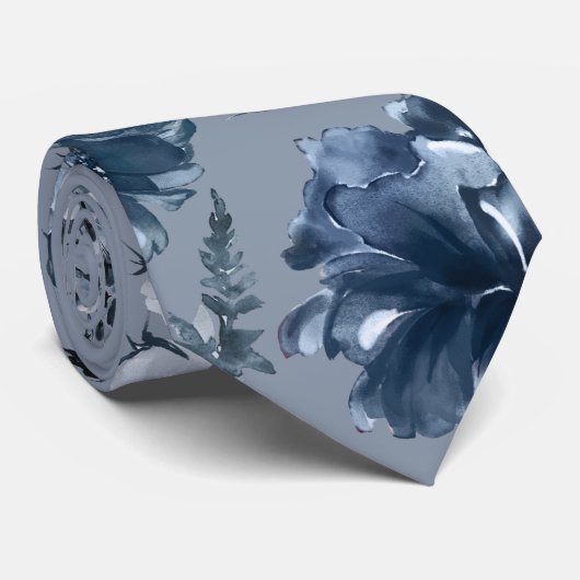 Navy Blue Garden Florals Dusty Blue Wedding Stropdas (Opgerold)