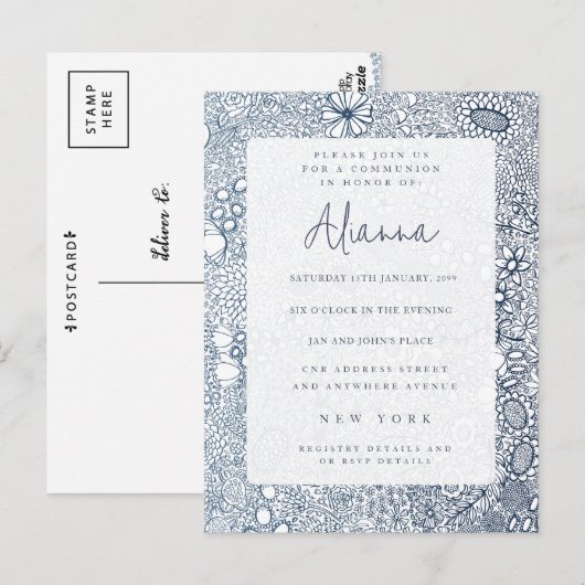 Navy Blue Garden Kerk Communie Bevestiging Briefkaart (Voorkant / Achterkant)