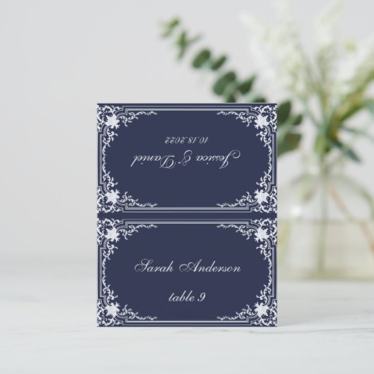 Navy Blue  Gedrukte Naam Trouwplaats Kaart (Staand voorkant)