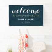 Navy Blue Gelukkig ooit na bruiloft Welkom Spandoek (Insitu)