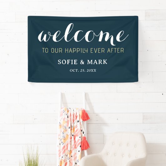 Navy Blue Gelukkig ooit na bruiloft Welkom Spandoek (Insitu)
