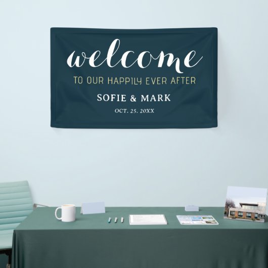 Navy Blue Gelukkig ooit na bruiloft Welkom Spandoek (Beurs)