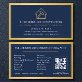 Navy Blue General Contractor QR Code Gold Metallic Visitekaartje