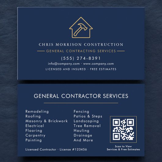 Navy Blue General Contractor QR Code Visitekaartje