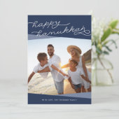 Navy Blue Geo Script | Hanukkah-foto Feestdagenkaart (Staand voorkant)