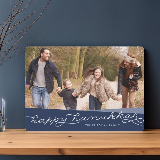 Navy Blue Geo Script | Hanukkah-foto Feestdagenkaart