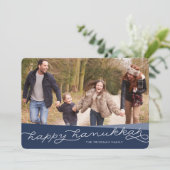 Navy Blue Geo Script | Hanukkah-foto Feestdagenkaart (Staand voorkant)
