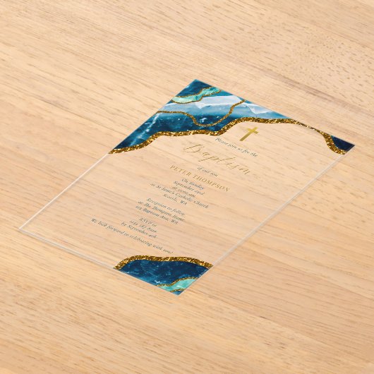 Navy Blue Geode Agate Gold Cross Baptisme Acryl Uitnodigingen (Laagn)